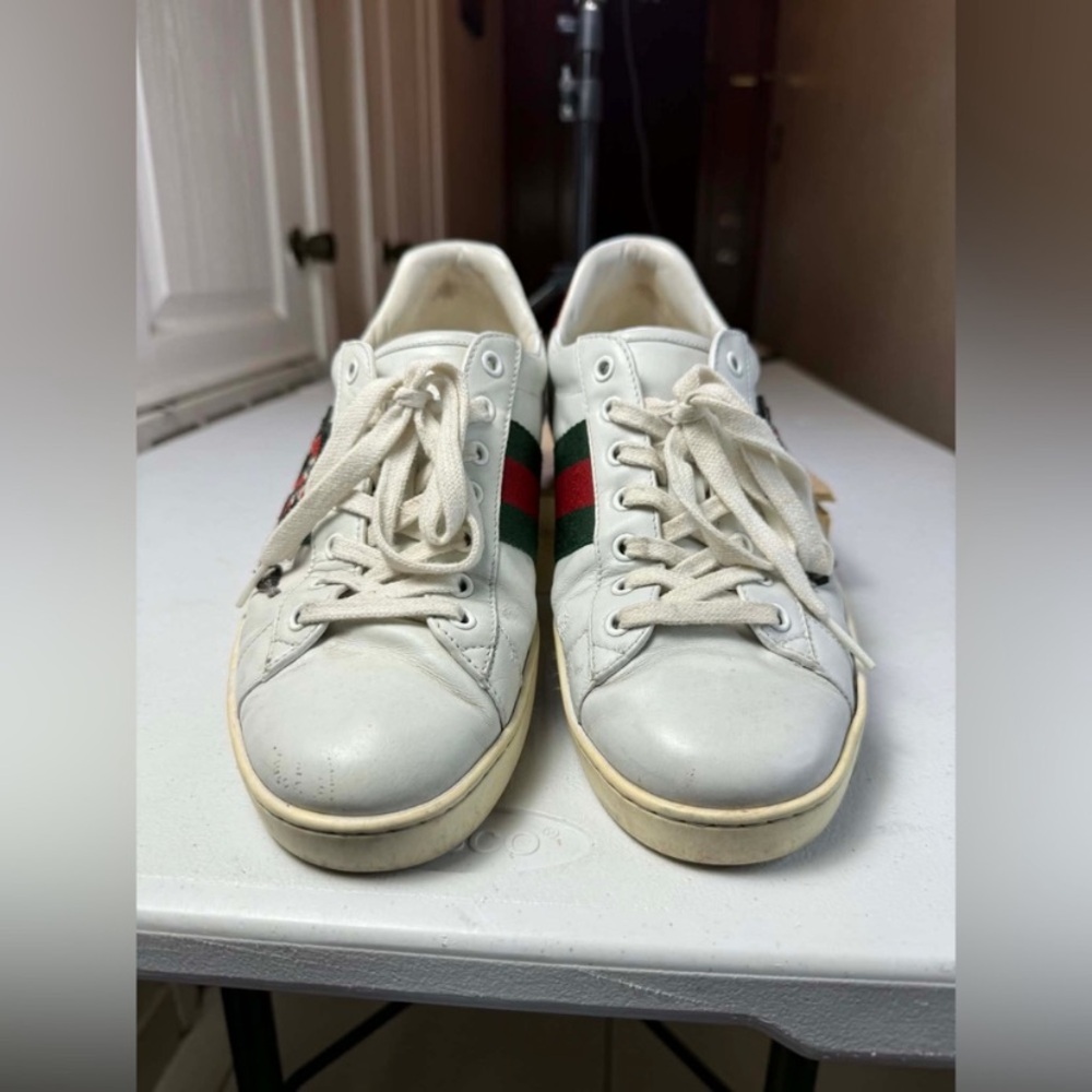 Mens Gucci Ace Embroidered Low Top Sneaker White Leather Snake Size 8 Used - Picture 2 of 16